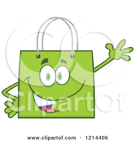 Cartoon of a Waving Green Shopping or Gift Bag Mascot - Royalty Free Vector Clipart by Hit Toon