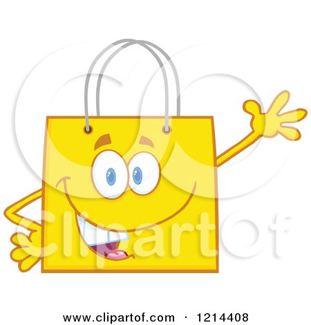 Cartoon of a Waving Yellow Shopping or Gift Bag Mascot - Royalty Free Vector Clipart by Hit Toon