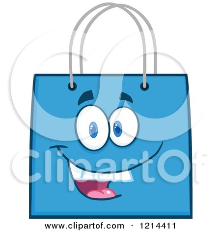 Cartoon of a Happy Blue Shopping or Gift Bag Mascot - Royalty Free Vector Clipart by Hit Toon
