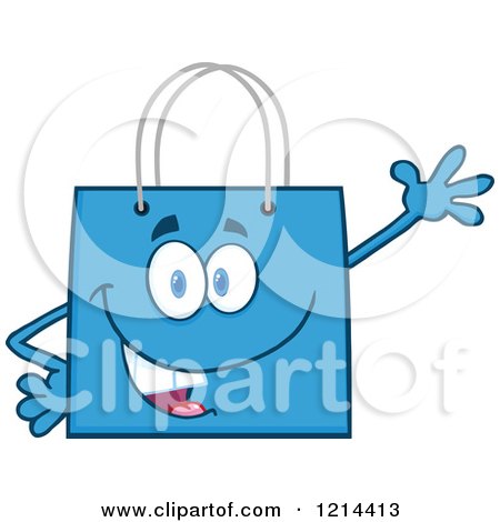 Cartoon of a Waving Blue Shopping or Gift Bag Mascot - Royalty Free Vector Clipart by Hit Toon