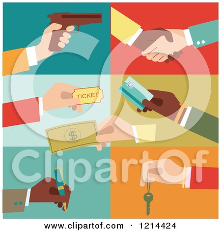 Clipart of Hands Holding Tickets Money Cards Keys Writing and a Gun - Royalty Free Vector Illustration by Eugene