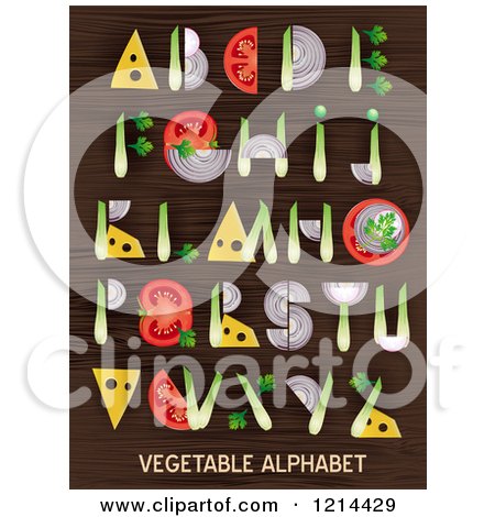 Clipart of Vegetables Forming Alphabet Letters on Wood - Royalty Free Vector Illustration by Eugene
