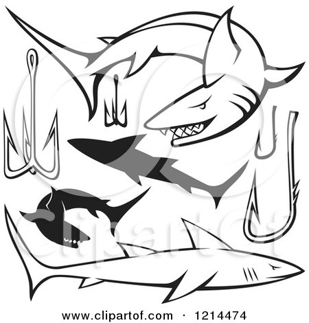 Clipart of Black and White Sharks and Hooks - Royalty Free Vector Illustration by Any Vector