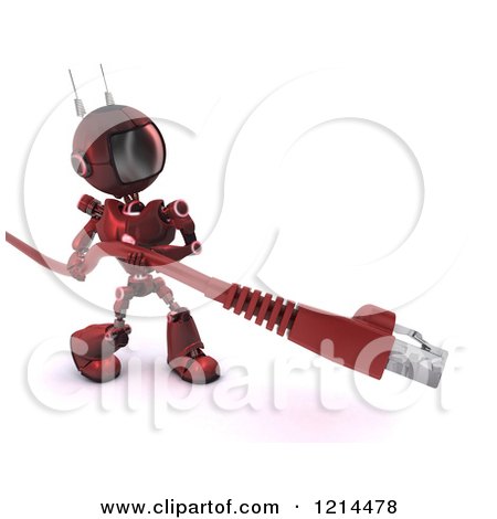 Clipart of a 3d Red Android Robot Carrying a RJ45 Data Cable - Royalty Free CGI Illustration by KJ Pargeter