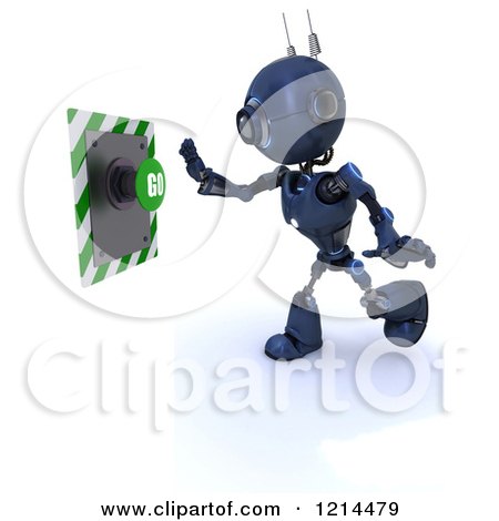 Clipart of a 3d Blue Android Robot Reaching for a GO Button - Royalty Free CGI Illustration by KJ Pargeter