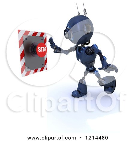 Clipart of a 3d Blue Android Robot Reaching for a STOP Button - Royalty Free CGI Illustration by KJ Pargeter