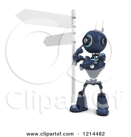 Clipart of a 3d Blue Android Robot Thinknig at a Crossroads - Royalty Free CGI Illustration by KJ Pargeter