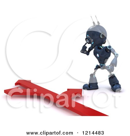Clipart of a 3d Blue Android Robot Thinking over Arrows Branching off in Different Directions - Royalty Free CGI Illustration by KJ Pargeter
