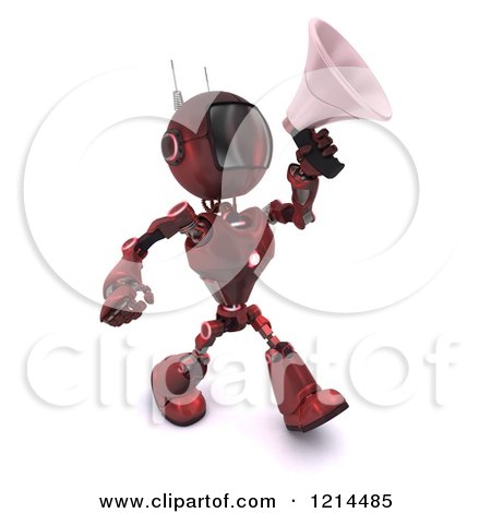 Clipart of a 3d Red Android Robot Walking and Using a Megaphone - Royalty Free CGI Illustration by KJ Pargeter