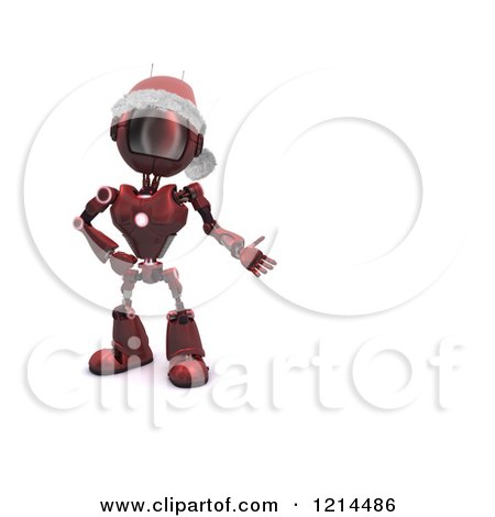 Clipart of a 3d Red Christmas Android Robot Wearing a Santa Hat and Presenting Blank Space - Royalty Free CGI Illustration by KJ Pargeter