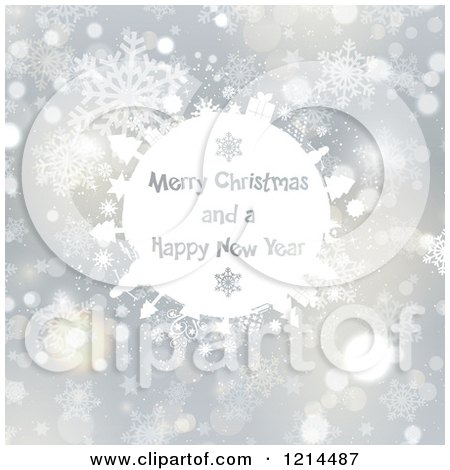 Clipart of a White Merry Christmas and a Happy New Year Globe over Silver Bokeh and Snowflakes - Royalty Free Vector Illustration by KJ Pargeter