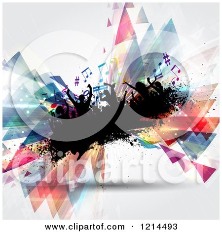 Clipart of a Silhouetted Crownd Dancing on Grunge with Colorful Music Notes and Abstract Triangles - Royalty Free Vector Illustration by KJ Pargeter