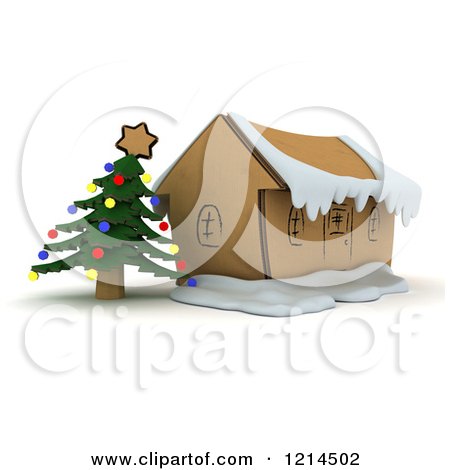 Clipart of a 3d Christmas Craft Cardboard House with a Tree - Royalty Free CGI Illustration by KJ Pargeter