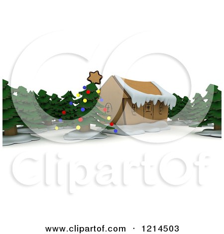 Clipart of a 3d Christmas Craft Cardboard House with Trees - Royalty Free CGI Illustration by KJ Pargeter