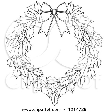 Clipart of a Black and White Christmas Holly Wreath 3 - Royalty Free Vector Illustration by Vector Tradition SM