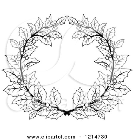 Clipart of a Black and White Christmas Holly Wreath 2 - Royalty Free Vector Illustration by Vector Tradition SM