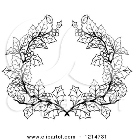 Clipart of a Black and White Christmas Holly Wreath - Royalty Free Vector Illustration by Vector Tradition SM