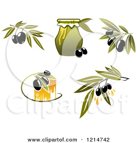 Clipart of Black Olives Branches and Oil - Royalty Free Vector Illustration by Vector Tradition SM