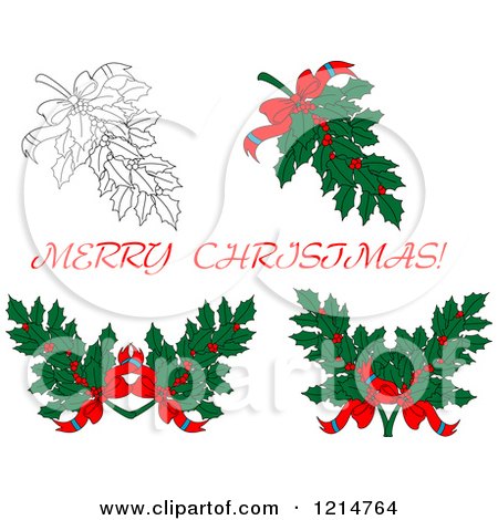 Clipart of a Merry Christmas Greeting with Holly Boughs - Royalty Free Vector Illustration by Vector Tradition SM