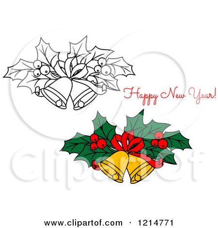 Clipart of a Happy New Year Greeting and Bells with Holly - Royalty Free Vector Illustration by Vector Tradition SM