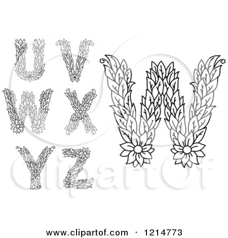 Clipart of Black and White Leafy Floral Letters U V W X Y and Z - Royalty Free Vector Illustration by Vector Tradition SM