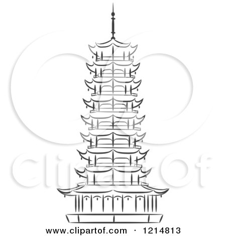 Clipart of a Black and White Sketched Pagoda - Royalty Free Vector Illustration by Vector Tradition SM