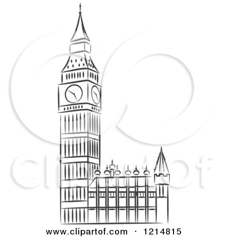 Clipart of a Black and White Sketched Big Ben Clock Tower - Royalty Free Vector Illustration by Vector Tradition SM