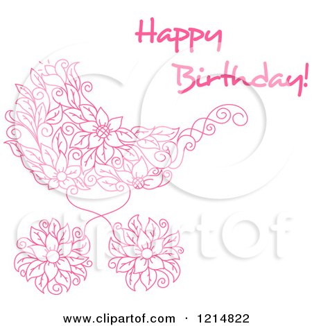 Clipart of a Pink Floral Doodle Baby Carriage and Happy Birthday Text - Royalty Free Vector Illustration by Vector Tradition SM