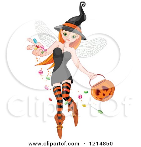 Clipart of a Pretty Halloween Witch Fairy Sprinkling Candy - Royalty Free Vector Illustration by Pushkin
