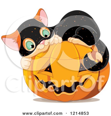 Clipart of a Cute Kitten Wearing a Speckled Costume and Curled up on a Halloween Pumpkin - Royalty Free Vector Illustration by Pushkin