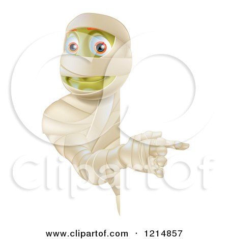 Clipart of a Happy Halloween Mummy Looking Around and Pointing to a Sign - Royalty Free Vector Illustration by AtStockIllustration