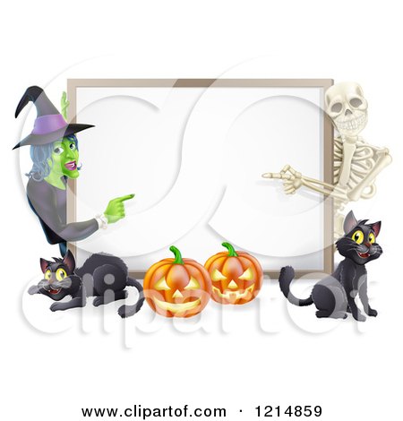 Clipart of a Happy Witch Skeleton Pumpkins and Black Cats Around a Blank Sign - Royalty Free Vector Illustration by AtStockIllustration