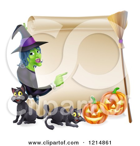 Clipart of a Witch Pointing to a Scroll Sign with Black Cats Halloween Pumpkins and a Broomstick - Royalty Free Vector Illustration by AtStockIllustration