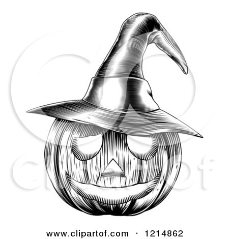 Clipart of a Black and White Halloween Woodcut Jackolantern Pumpkin Wearing a Witch Hat - Royalty Free Vector Illustration by AtStockIllustration