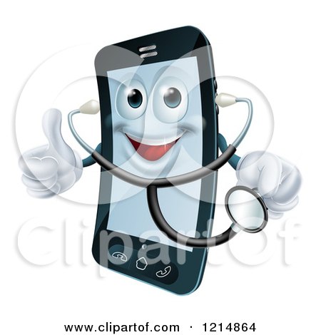 Clipart of a Happy Smart Phone Wearing a Stethoscope and Holding a Thumb up - Royalty Free Vector Illustration by AtStockIllustration