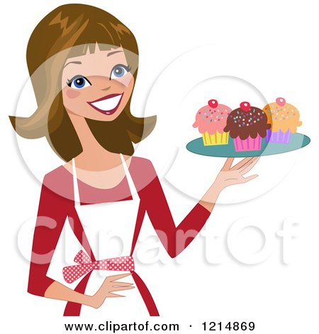 Clipart of a Happy White Baker Woman Holding a Tray of Cupcakes - Royalty Free Vector Illustration by peachidesigns