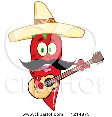 Cartoon of a Hispanic Red Hot Chili Pepper Character with a Mustache, Wearing a Sombrero and Playing a Guitar - Royalty Free Vector Clipart by Hit Toon