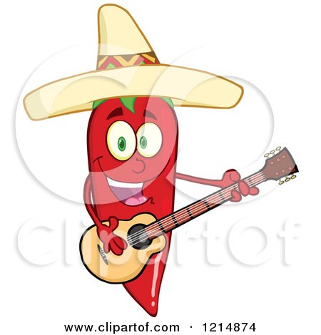 Cartoon of a Hispanic Red Hot Chili Pepper Character Wearing a Sombrero and Playing a Guitar - Royalty Free Vector Clipart by Hit Toon