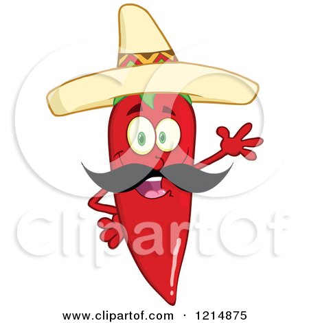 Cartoon of a Waving Hispanic Red Hot Chili Pepper Character with a Mustache, Wearing a Sombrero - Royalty Free Vector Clipart by Hit Toon