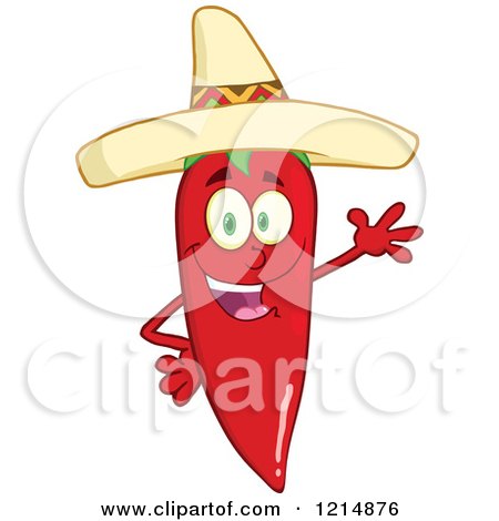 Cartoon of a Waving Hispanic Red Hot Chili Pepper Character Wearing a Sombrero - Royalty Free Vector Clipart by Hit Toon