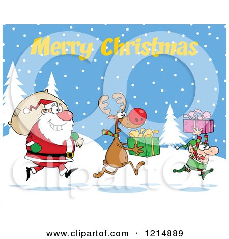 Cartoon of a Merry Christmas Greeting over an Elf Reindeer and Santa with Gifts and a Sack in the Snow - Royalty Free Vector Clipart by Hit Toon