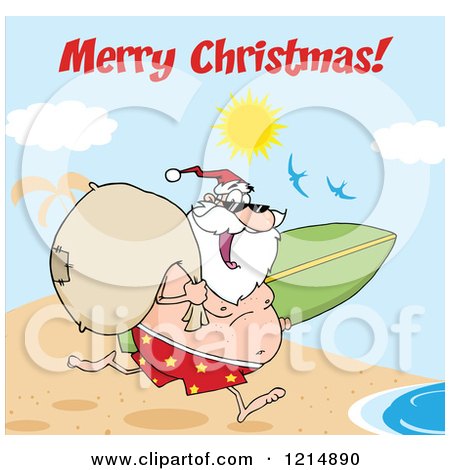 Cartoon of a Merry Christmas Greeting over Santa Running with a Sack and Surfboard on a Beach - Royalty Free Vector Clipart by Hit Toon