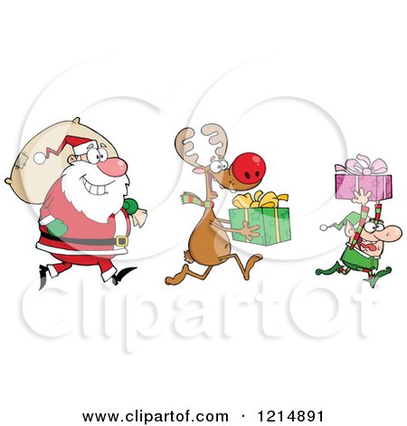 Cartoon of a Christmas Elf Reindeer and Santa with Gifts and a Sack - Royalty Free Vector Clipart by Hit Toon