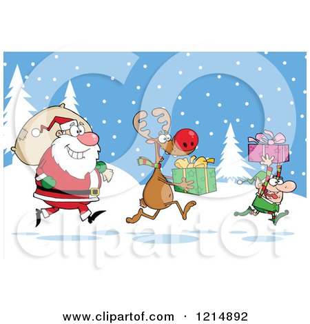 Cartoon of a Christmas Elf Reindeer and Santa with Gifts and a Sack in the Snow - Royalty Free Vector Clipart by Hit Toon