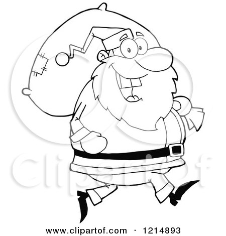 Cartoon of an Outlined Happy Santa Carrying a Christmas Sack - Royalty Free Vector Clipart by Hit Toon