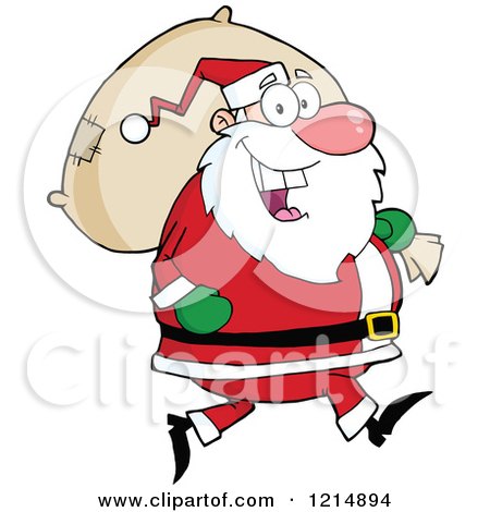 Cartoon of a Happy Santa Carrying a Christmas Sack - Royalty Free Vector Clipart by Hit Toon