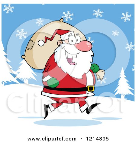 Cartoon of a Happy Santa Carrying a Christmas Sack in the Snow - Royalty Free Vector Clipart by Hit Toon
