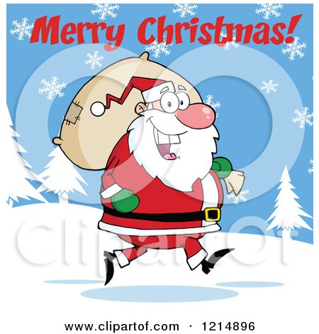 Cartoon of a Merry Christmas Greeting over Santa Carrying a Sack in the Snow - Royalty Free Vector Clipart by Hit Toon