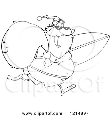 Cartoon of an Outlined Happy Santa Running with a Sack and Surfboard on a Beach - Royalty Free Vector Clipart by Hit Toon