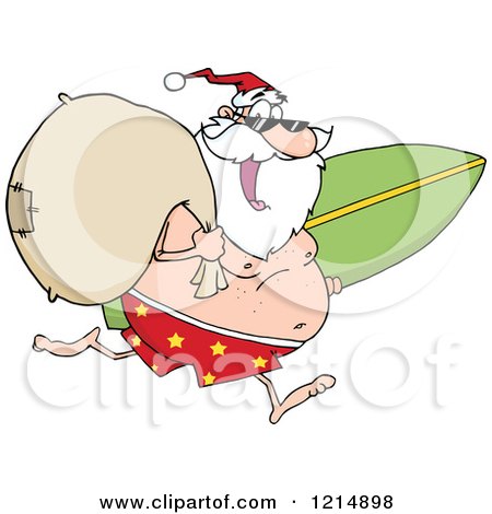 Cartoon of a Happy Santa Running with a Sack and Surfboard - Royalty Free Vector Clipart by Hit Toon